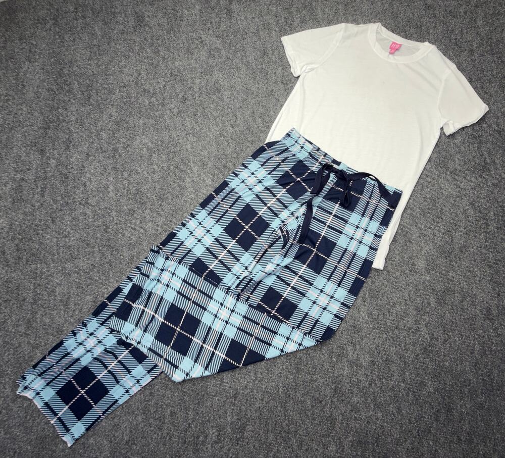 Hale Bob Pajama Set Womens XL Plaid Drawstring Pants White Top NWT NEW